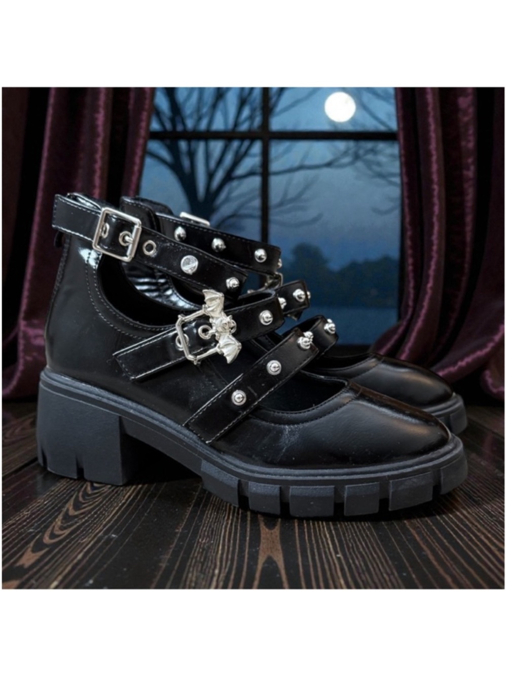 Goth Chunky Mary Jane Platform Heels Shoes Silver Bat 6 6.5 6 1/2